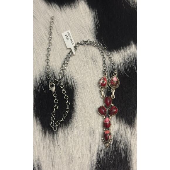 Native American Sterling Silver Multistone Red Rose Dahlia Lariat Necklace 18” - Picture 2 of 11